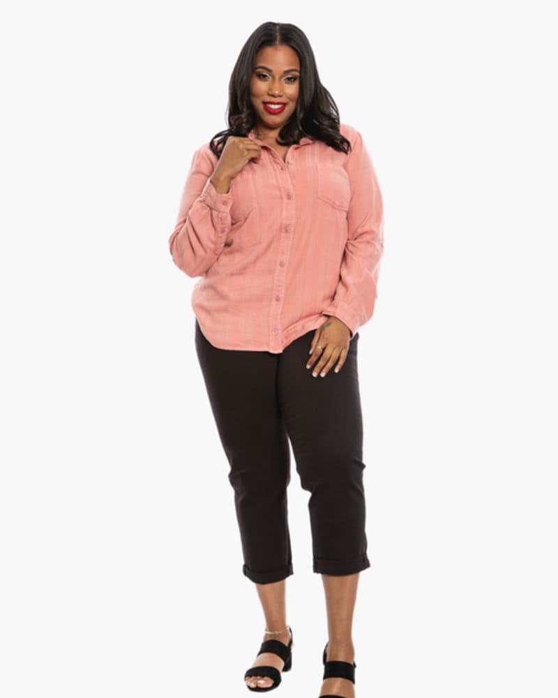 Front of a model wearing a size 0 Janice Button-Down Shirt in ORANGE by Slink Jeans. | dia_product_style_image_id:255893